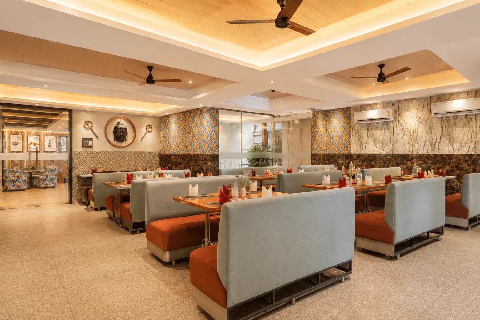 Booth seating inside Alpina restaurant